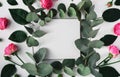 Blank card with pink roses, eucalyptus branches and green leaves Royalty Free Stock Photo