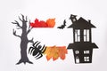 Blank card with Spider, tree and house on white background. Halloween concept. mockup