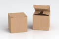 Blank cardboard cube gift box with open and closed hinged flap lid on white background.