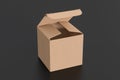 Blank cardboard cube gift box with opened hinged flap lid on black background. Clipping path around box mock up.
