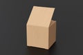 Blank cardboard cube gift box with opened hinged flap lid on black background.