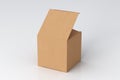 Blank cardboard cube gift box with opened hinged flap lid on white background. Clipping path around box mock up. Royalty Free Stock Photo