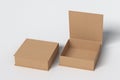 Blank cardboard flat square gift box with open and closed hinged flap lid on white background. Clipping path around box mock up.
