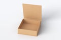 Blank cardboard flat square gift box with opened hinged flap lid on white background. Clipping path around box mock up.