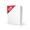 Blank cardboard package mock up with red NEW label, isolated on white. Vector illustration, eps10.