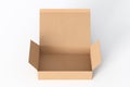 Blank cardboard wide flat box with opened hinged flap lid on white background. Royalty Free Stock Photo