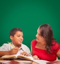 Blank Chalk Board Behind Hispanic Young Boy and Adult