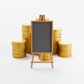 Blank Chalkboard ahead of Stacks of Coins on Light Gray Background Royalty Free Stock Photo