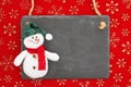 Blank chalkboard sign with a snowman on snowflakes Royalty Free Stock Photo