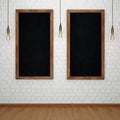 Blank chalkboard on white brick wall with glowing light bulbs Royalty Free Stock Photo