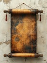 Blank Chinese scroll with a golden axis displayed against a textured wall
