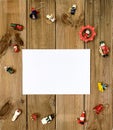 Blank christmas photo frames with decor on wood background Royalty Free Stock Photo