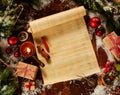 Blank Christmas scroll surrounded by fresh pine foliage and with decorations, winter snow and wax seal in a flat lay still life Royalty Free Stock Photo