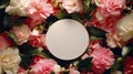 Circle Frame of Pink and White Camellia Flowers and Green Leaves, Copy Space Royalty Free Stock Photo