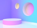 3d rendering blank circle podium abstract violet-purple blue yellow pink gradient wall-room