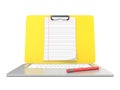 Blank clipboard lined paper on laptop. Front view. 3D render Royalty Free Stock Photo