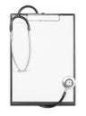 Blank clipboard with stethoscope isolated on white background