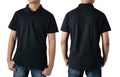 Blank collared shirt mock up template, front and back view, Asian teenage male model wearing plain black t-shirt isolated on white Royalty Free Stock Photo