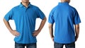 Blank collared shirt mock up template, front and back view, Asian teenage male model wearing plain blue t-shirt isolated on white Royalty Free Stock Photo