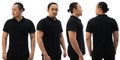 Blank collared shirt mock up template, front side and back view, Asian male model wearing plain black t-shirt isolated on white Royalty Free Stock Photo