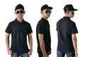 Blank collared shirt mock up template, front side and back view, Asian teenage male model wearing plain black t-shirt isolated on Royalty Free Stock Photo