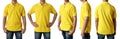 Blank collared shirt mock up template, front side and back view, Asian teenage male model wearing plain yellow t-shirt isolated on Royalty Free Stock Photo