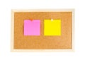 Blank colorful notes pinned on cork wood notice board isolate Royalty Free Stock Photo