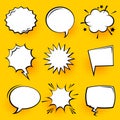 Blank comic speech bubbles with halftone shadows on yellow background. Hand drawn retro cartoon stickers. Pop art style Royalty Free Stock Photo