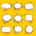 Blank comic speech bubbles with halftone shadows on yellow background. Hand drawn retro cartoon stickers. Pop art style Royalty Free Stock Photo