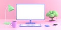 Blank computer screen, keyboard, tea mug, Ekibana houseplant, telephone, lamp on a pink background