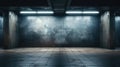 Blank concrete wall mockup in dark underground parking, vintage empty space to display advertising. Old warehouse or garage.