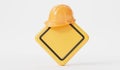 A blank construction site warning sign with a hard hat on top. 3D Rendering Royalty Free Stock Photo