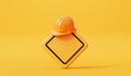 A blank construction site warning sign with a hard hat on top. 3D Rendering Royalty Free Stock Photo