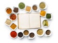 Blank cookbook and various spices.