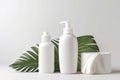 Blank cosmetic bottles on white background with tropical leaves. Generative AI