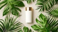 Blank cosmetic tube container with tropical palm leaves background. 3D render. Royalty Free Stock Photo