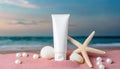Blank Cosmetic Tube mockup at the beach surrounded by sheasell, pearl and starfish