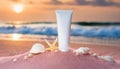 Blank Cosmetic Tube mockup at the beach surrounded by sheasell, pearl and starfish