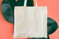 Blank cotton shite shopper tote bag on pink background with green leaves. Mock up template for product branding plastic free Royalty Free Stock Photo