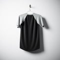 Blank Cotton Tshirt Of Black Color Hanging In Center Empty Concrete Wall. Clear Label Mockup With Highly Detailed