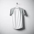 Blank Cotton Tshirt Of White And Gray Colors Hanging In Center Empty Concrete Wall. Clear Label Mockup With Highly