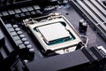 Blank CPU lid top, socket cover view angle processor placed and locked in the socket on a brand new modern high end gaming Royalty Free Stock Photo