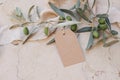 Blank craft paper gift tag, label mockups with olive leaves and branches. Silk ribbon, marble backgound. Modern template Royalty Free Stock Photo