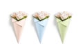 Blank craft and white flowers packaging cone mockup, top view