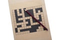 Blank crossword and pencil on white background, top view