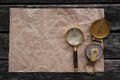 Crumpled paper page, compass and magnifying glass. Royalty Free Stock Photo