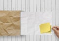 Blank crumpled sticky note paper on texture paper