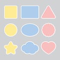 Blank cute colorful frames including square, rectangle, triangle, circle, ellipse, scalloped circle, star, cloud and heart shapes.