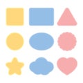 Blank cute colorful frames including square, rectangle, triangle, circle, ellipse, scalloped circle, star, cloud and heart shapes.