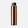 Blank dark brown clear bottle with black screw cap on transparent background mock-up. Beauty product cylindrical container